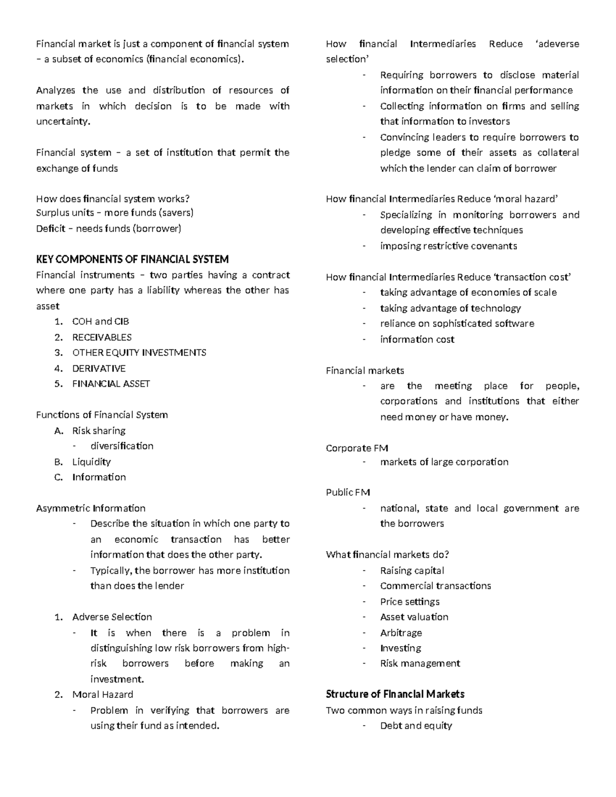 Financial Markets: Key Components and Functions - Lecture Notes (FIN ...