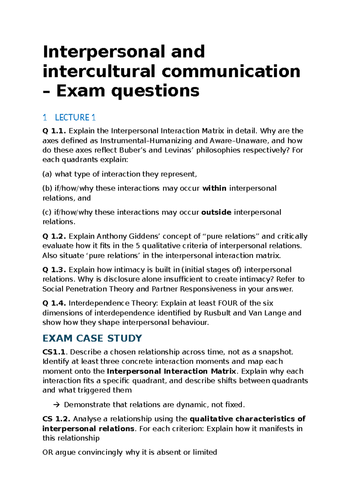 Interpersonal and Intercultural Communication Exam Questions (LECTURE 1 ...