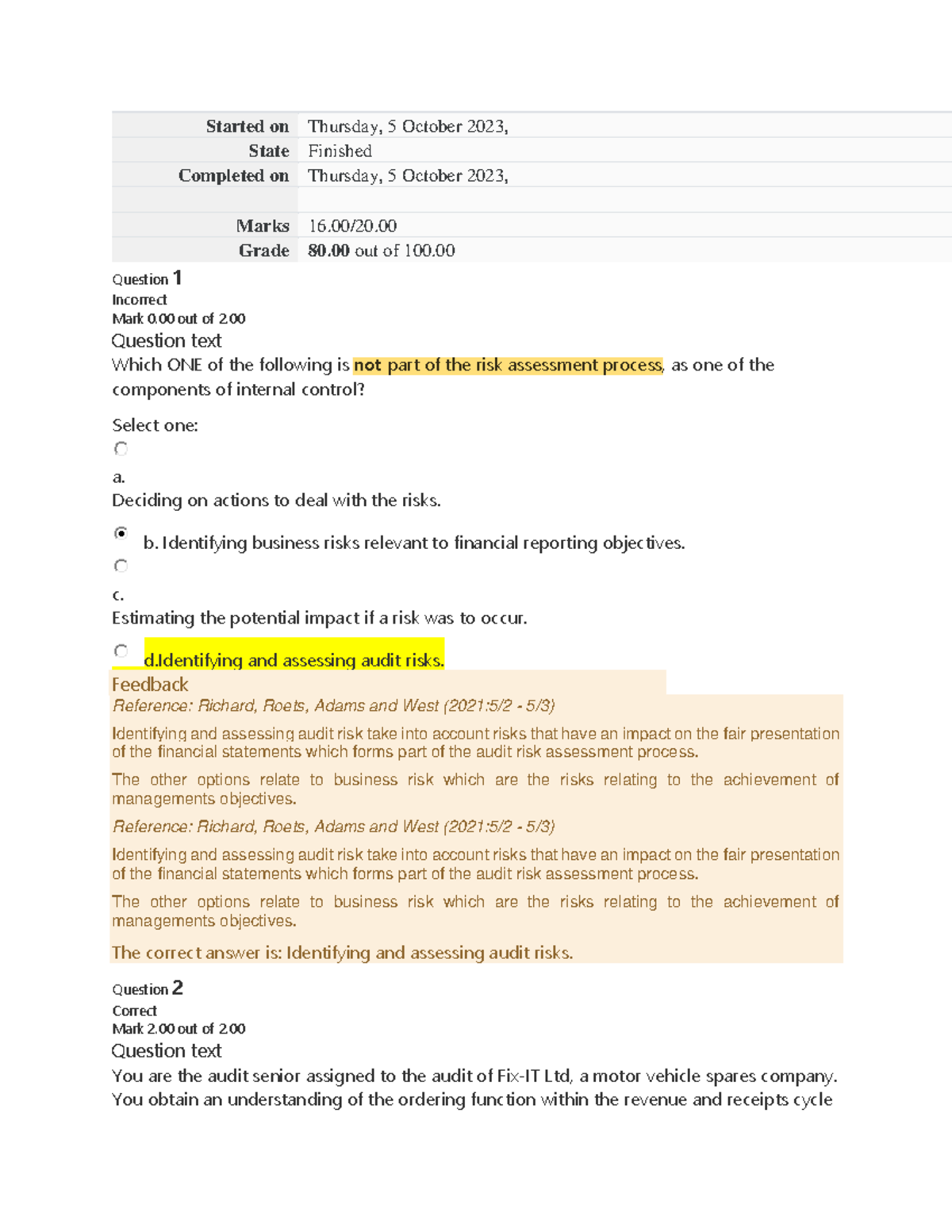 AUE2602 Assessment: Internal Control and Audit Risk Analysis - Studocu