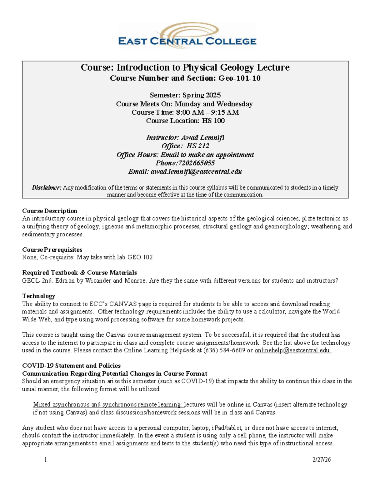 GEO-101-10 Introductory Physical Geology Lecture - Spring 2025 - Studocu