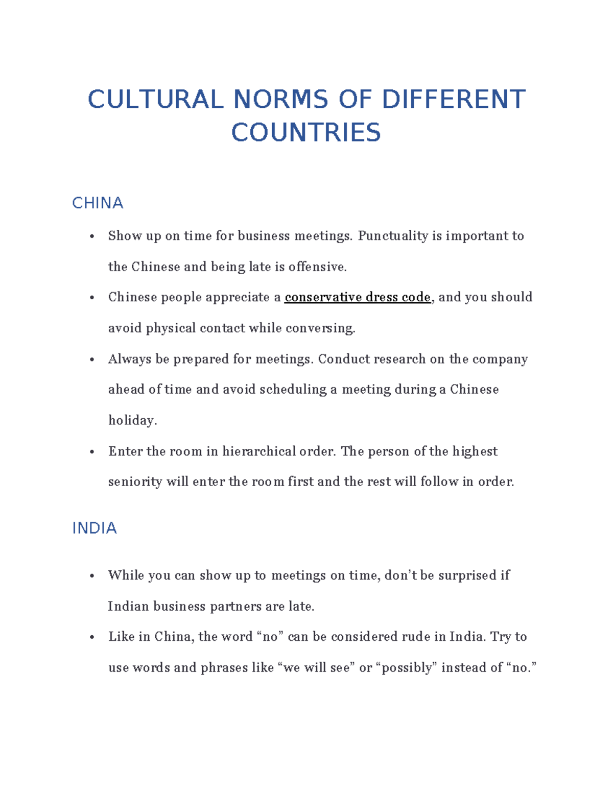 Weeklyassignment - Assignment - CULTURAL NORMS OF DIFFERENT COUNTRIES ...