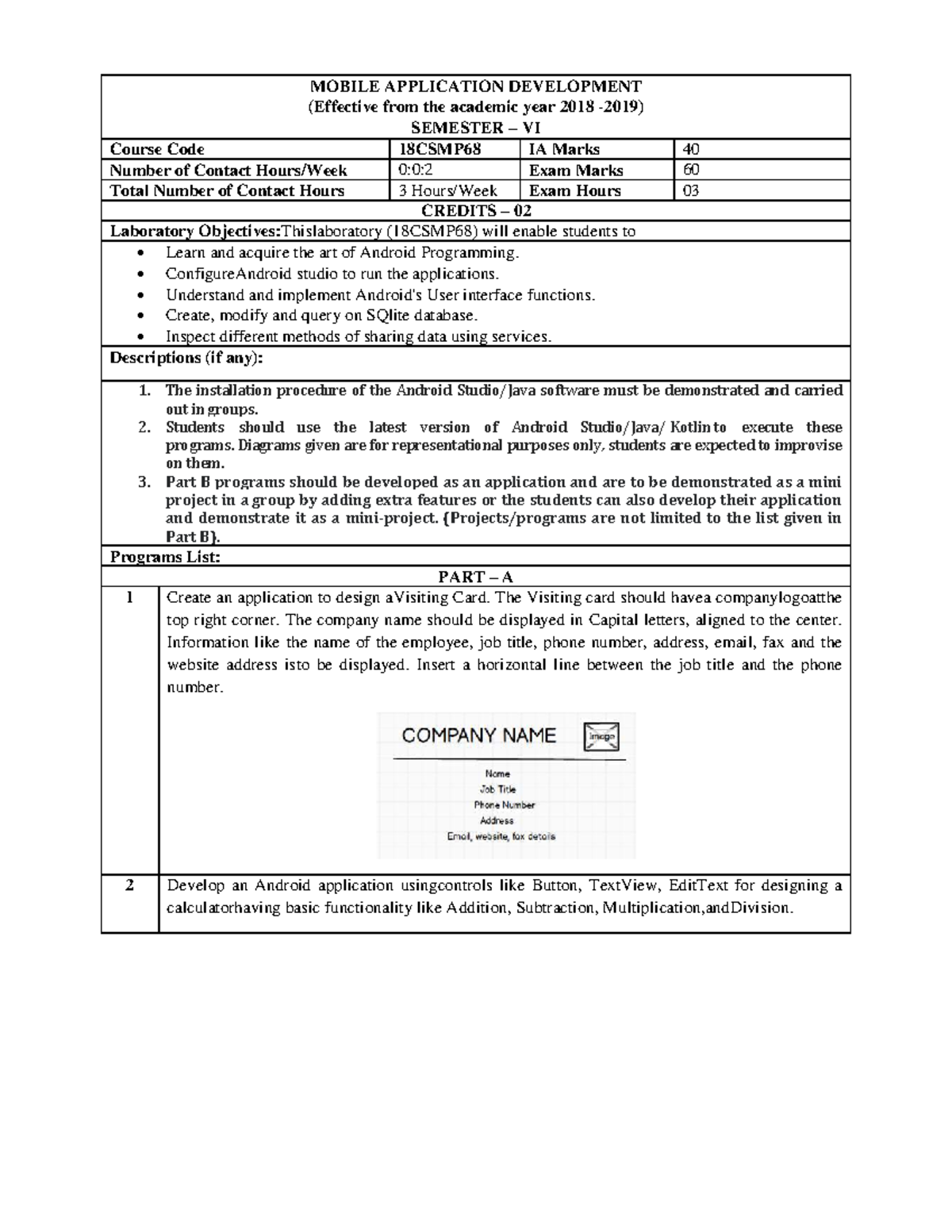 MOBILE APPLICATION DEVELOPMENT LAB (18CSMP68) - Practical Guide - Studocu