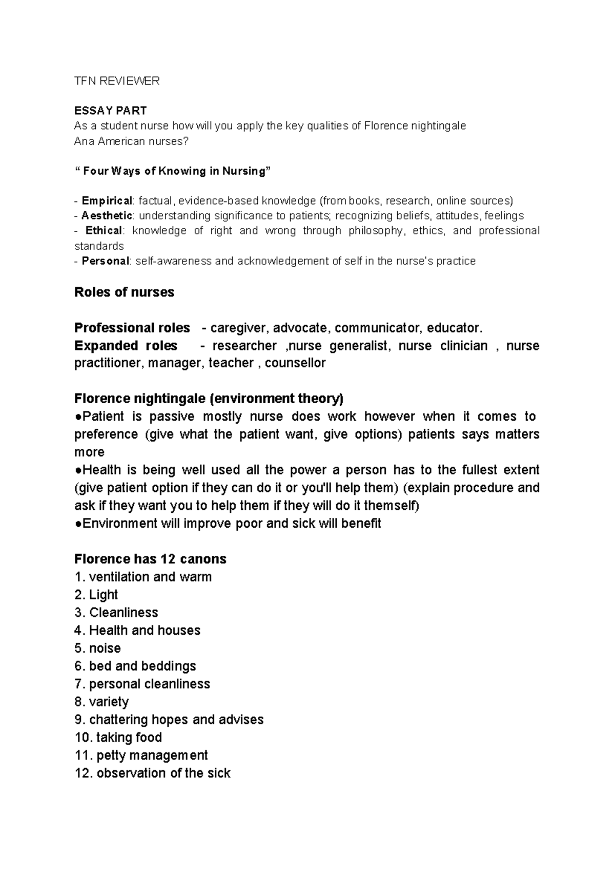 TFN- Essay Notes on Florence Nightingale's Nursing Qualities - Studocu