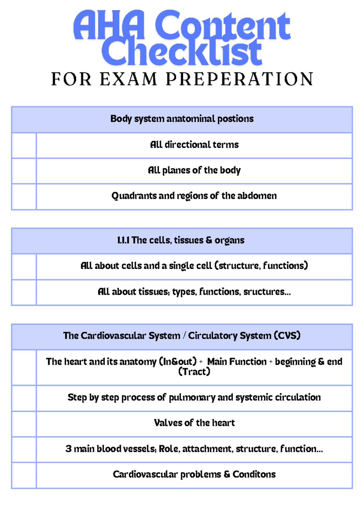 AHA Content Checklist: Body Systems, Functions, and Conditions - Studocu