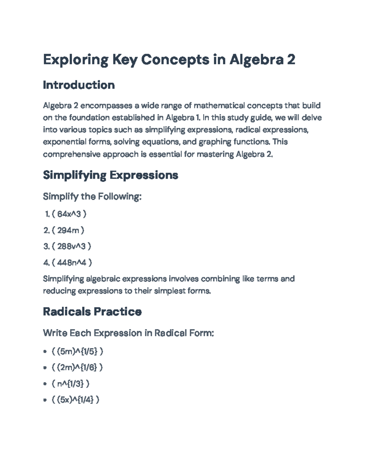Algebra 2 Study Guide: Key Concepts and Problem-Solving Strategies ...