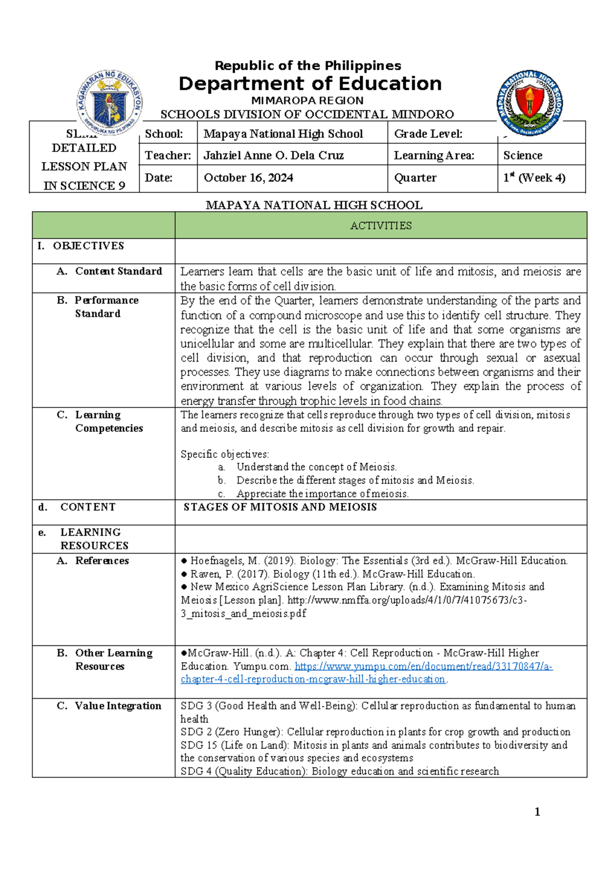 CO1 - Semi-Detailed Lesson Plan in Science 9: Mitosis & Meiosis - Studocu