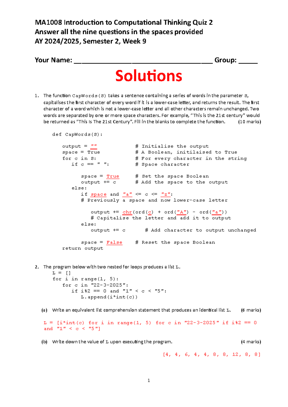 MA1008 Computational Thinking Quiz 2 Solutions and Answers - Studocu