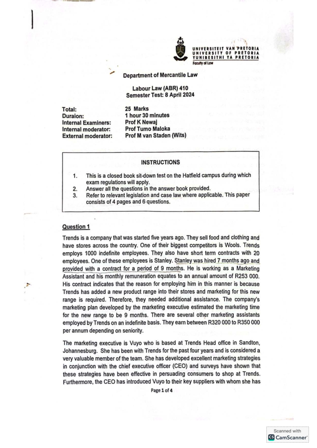 ABR410 Labour Law Semester Test 1 - Past Paper 2024 - Studocu