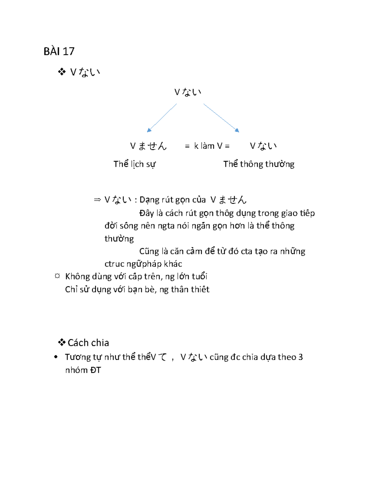 ÔN TẬP - no - BÀI 17 Vない Vない Vません = k làm V = Vない Th l ch s Th thông ...