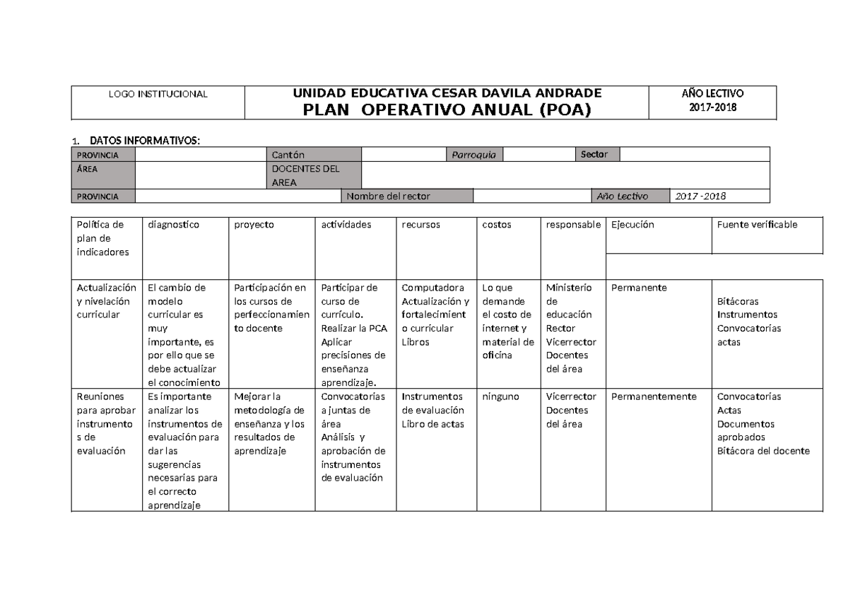 POA 2017 - Plan Operativo Anual para la Educación Cesár Davila Andrade ...