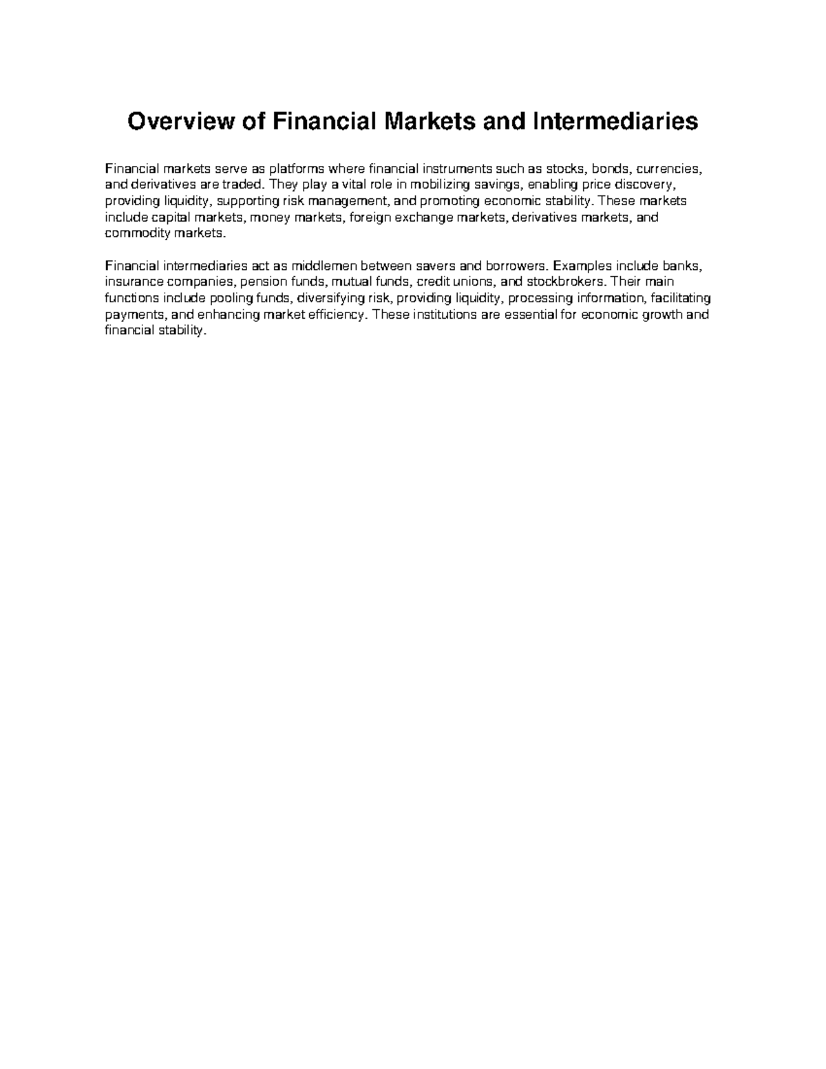 Financial Markets & Intermediaries Overview - ECON 101 - Studocu
