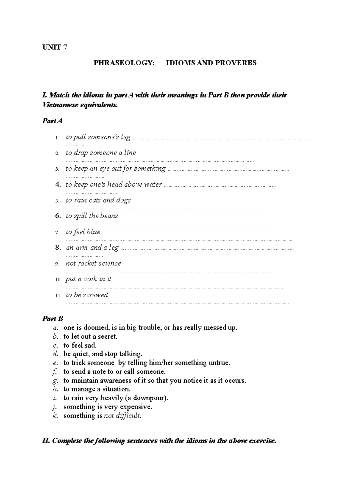 Phraseology Exercises: Idioms and Proverbs Practice (Unit 7) - Studocu