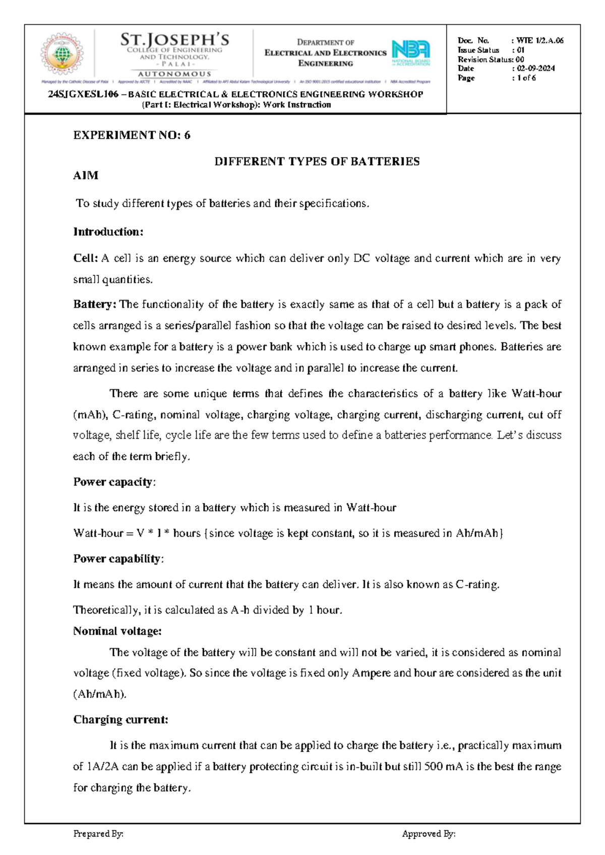EE WS- Exp 6- 2024 - Electrical & Electronics for Engineering - Issue ...