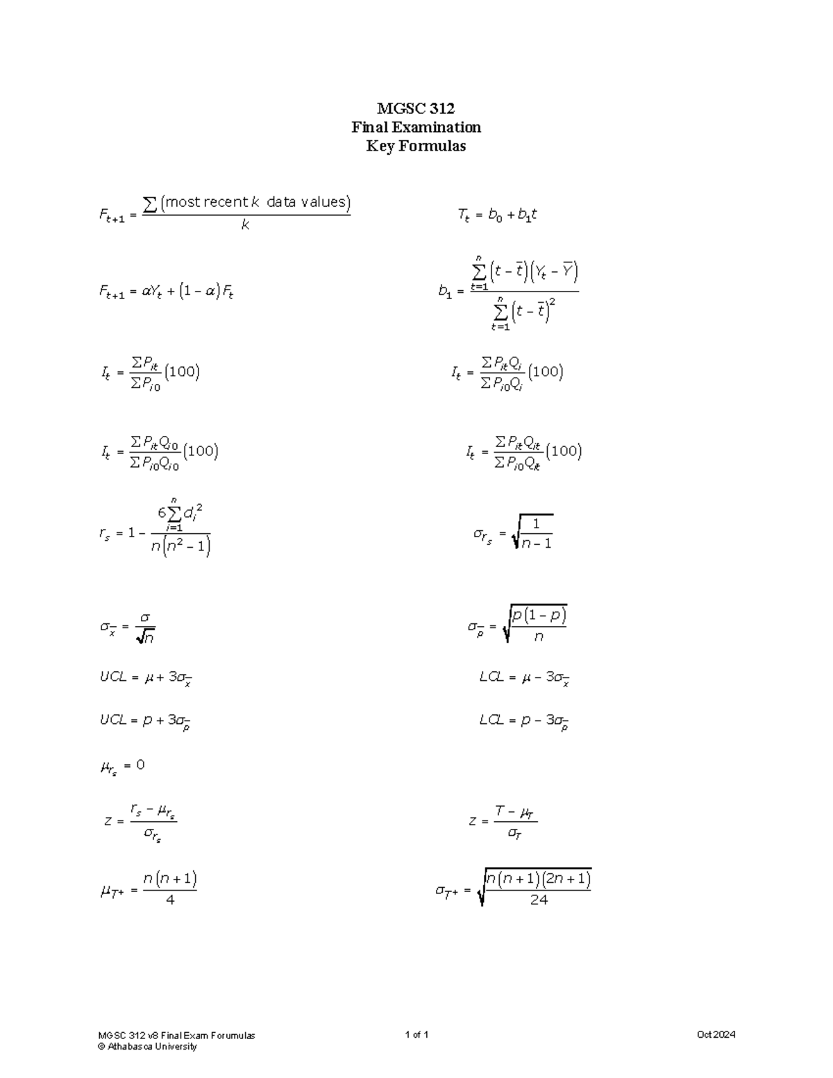 MGSC 312 Final Exam Key Formulas and Concepts - Studocu