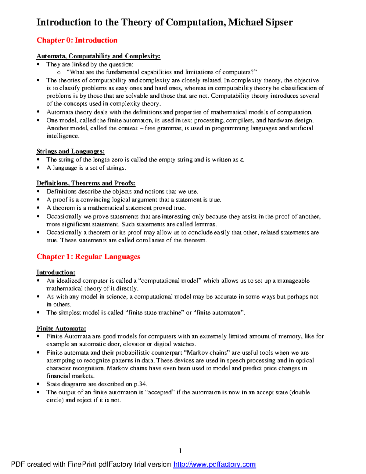 Summary of Introduction to the Theory of Computation (CS 101 