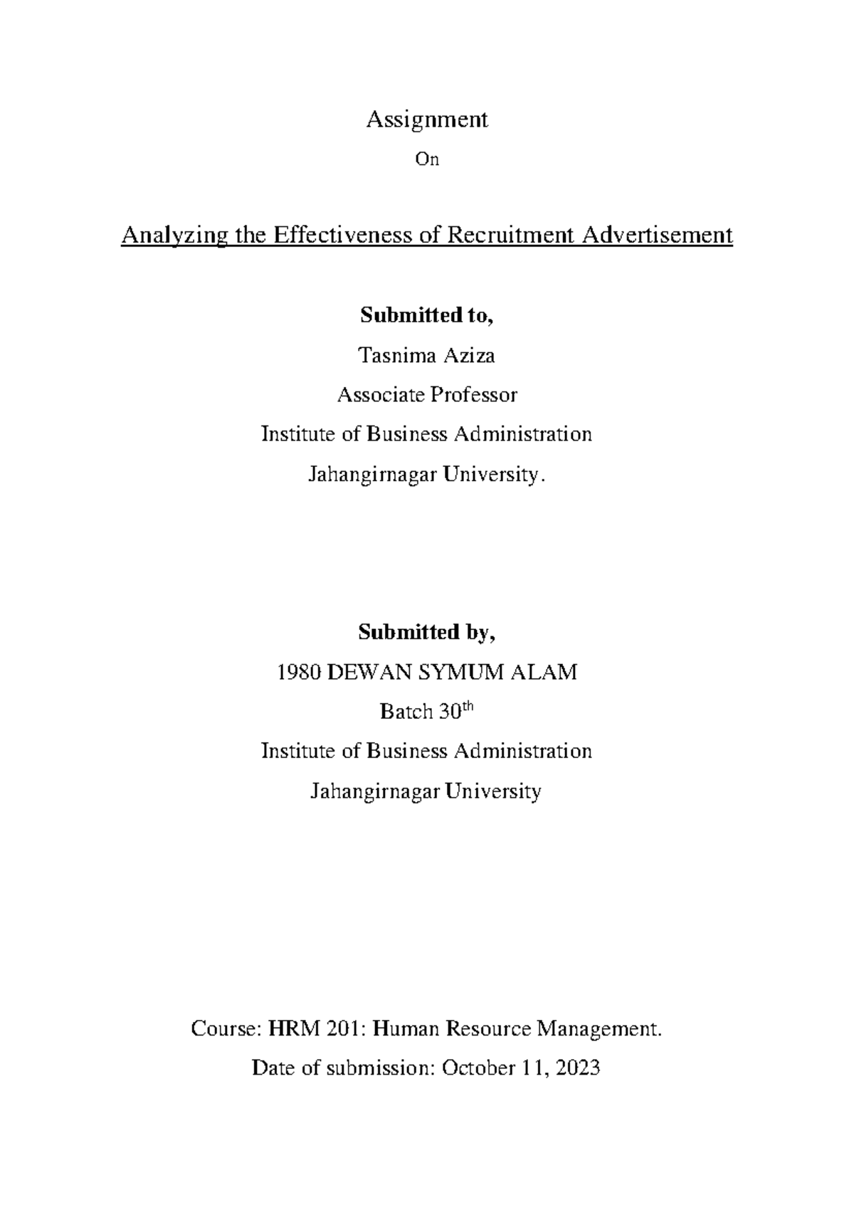 HRM 201: AIDA Analysis of Recruitment Advertisement - Assignment 1980 ...