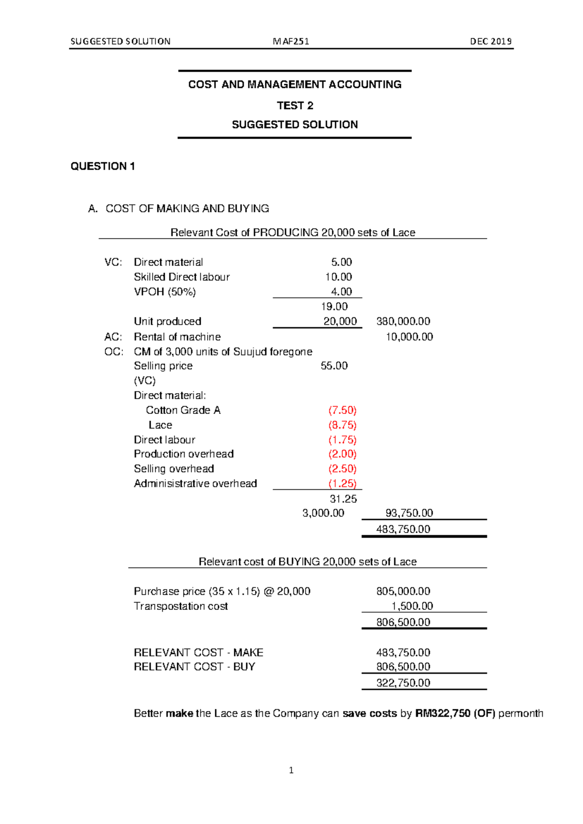 MAF251 TEST 2 Suggested Solutions - Cost & Management Accounting - Studocu