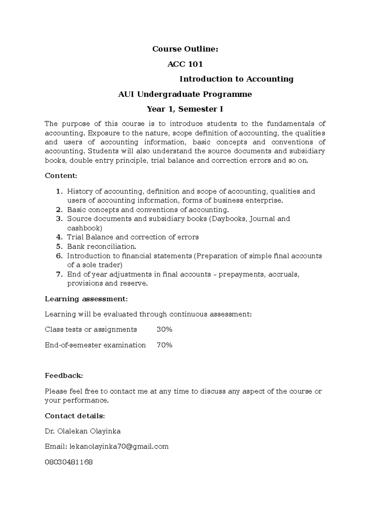 Course Outline: ACC 101 - Introduction to Accounting Fundamentals - Studocu