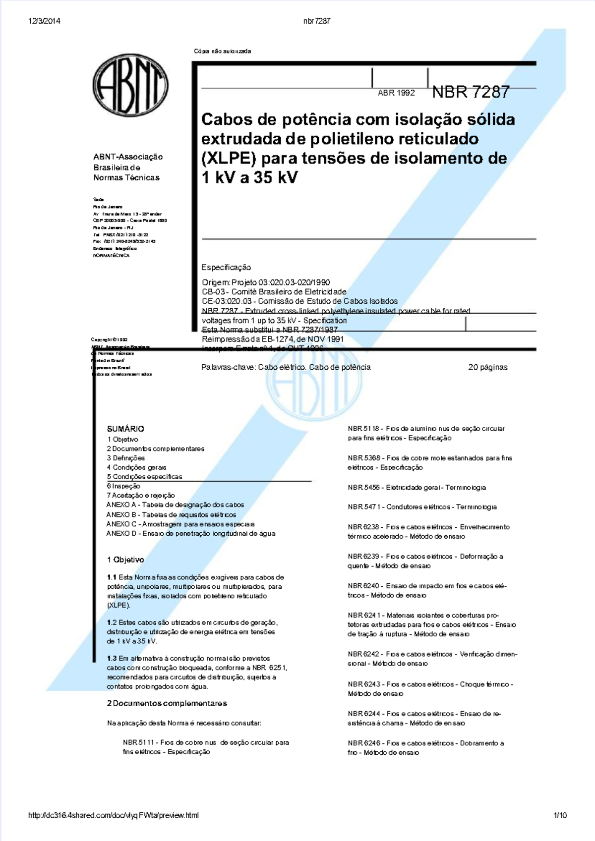 NBR 7287 - Especificação de Cabos de Potência XLPE 1 kV a 35 kV - Studocu