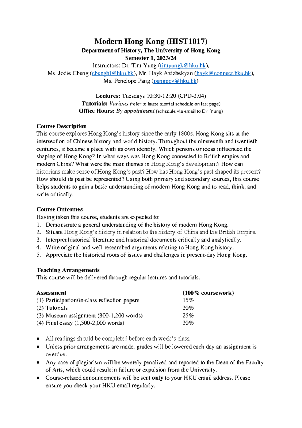 HIST1017 Modern Hong Kong Course Outline (2023-24) - Studocu