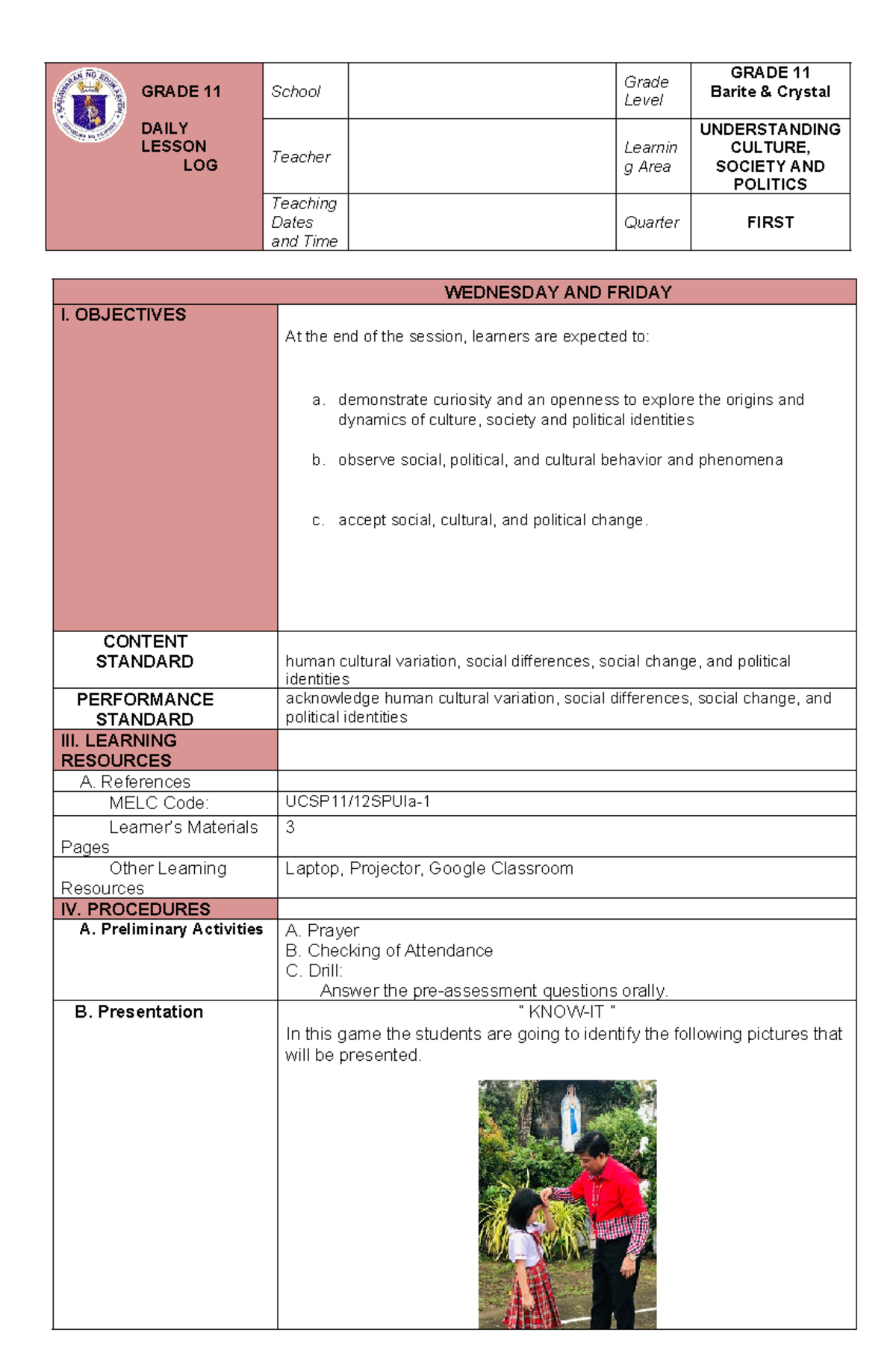 UCSP 11 - Semi Lesson Plan on Understanding Culture, Society & Politics ...