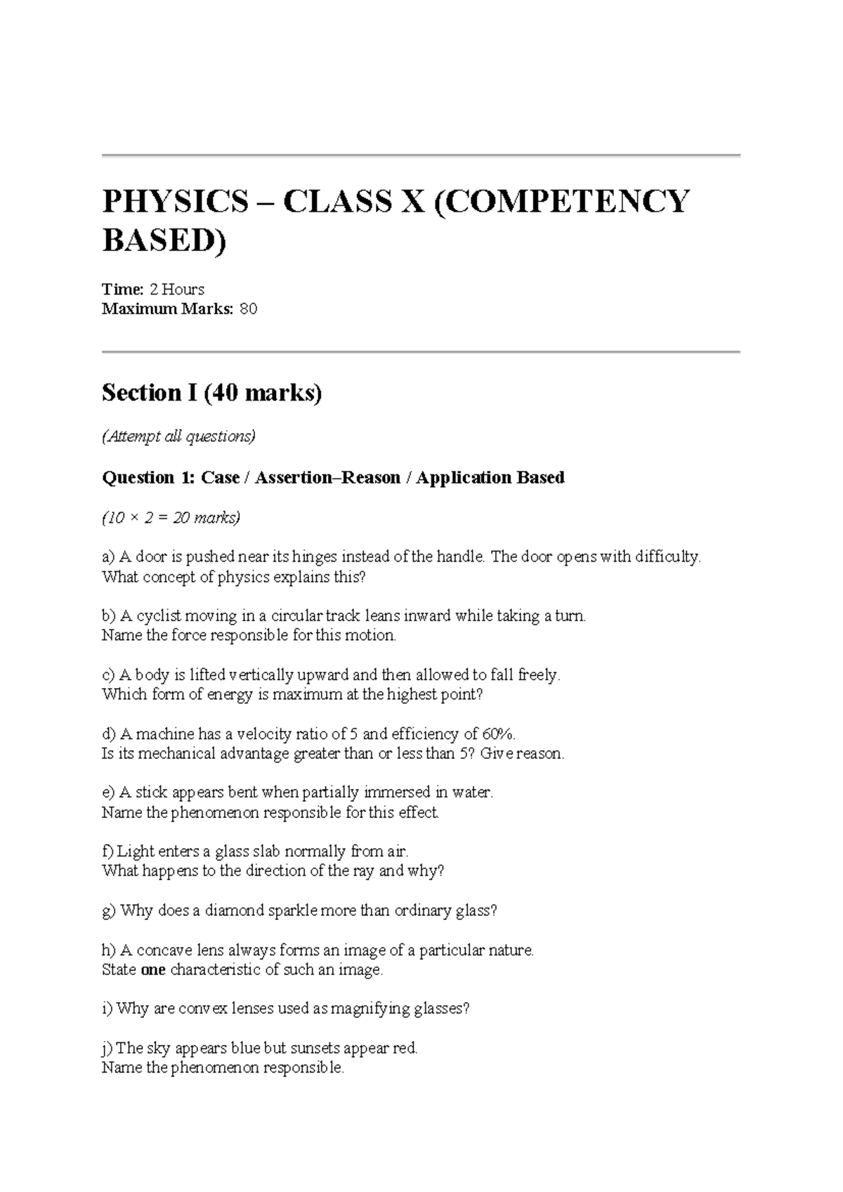 PHYSICS CLASS X: Case Study & Application Questions (2 Hours) - Studocu