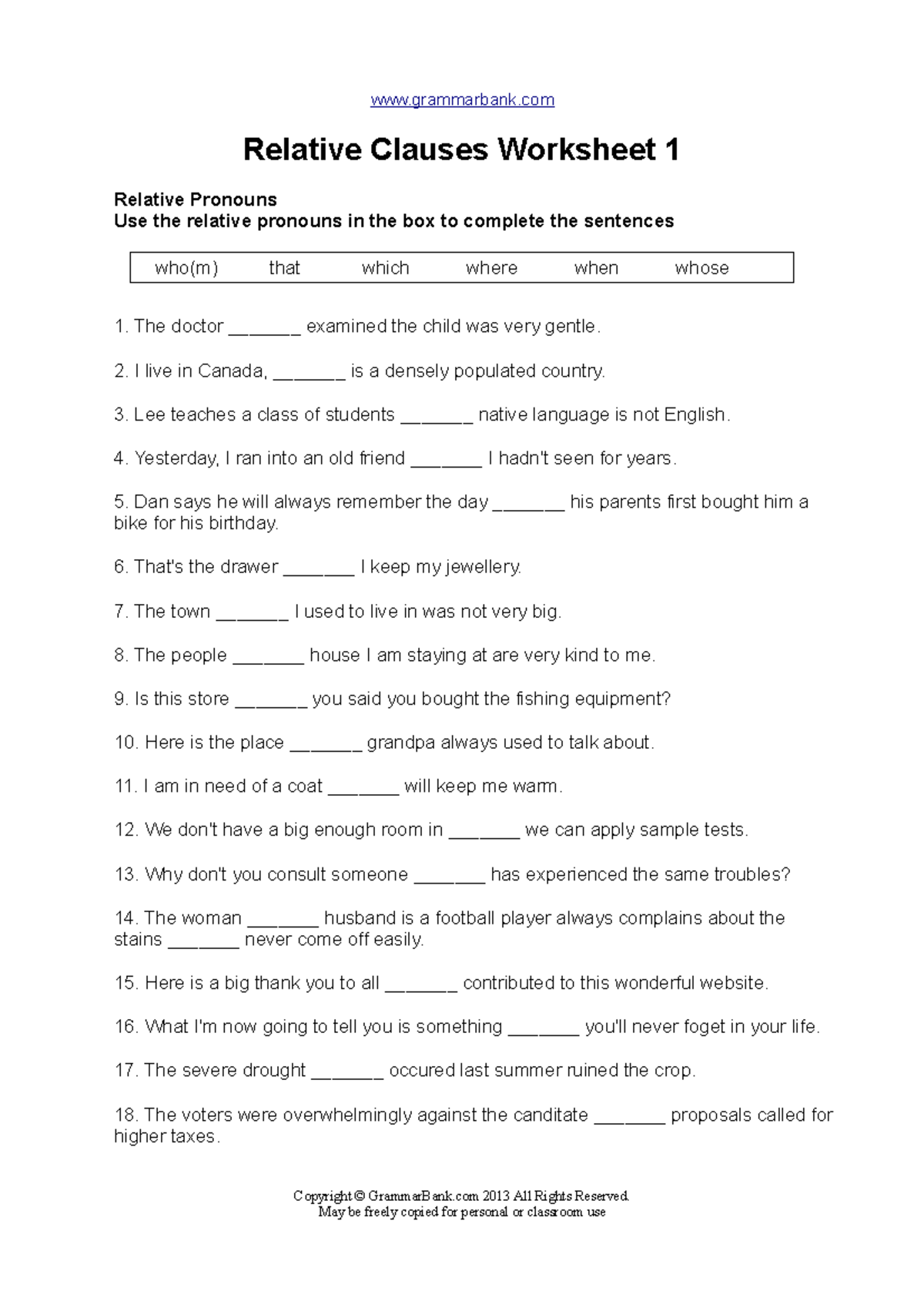 Relative Clauses Worksheet 1: Exercises on Pronouns for R&W 8. Hafta 9 ...