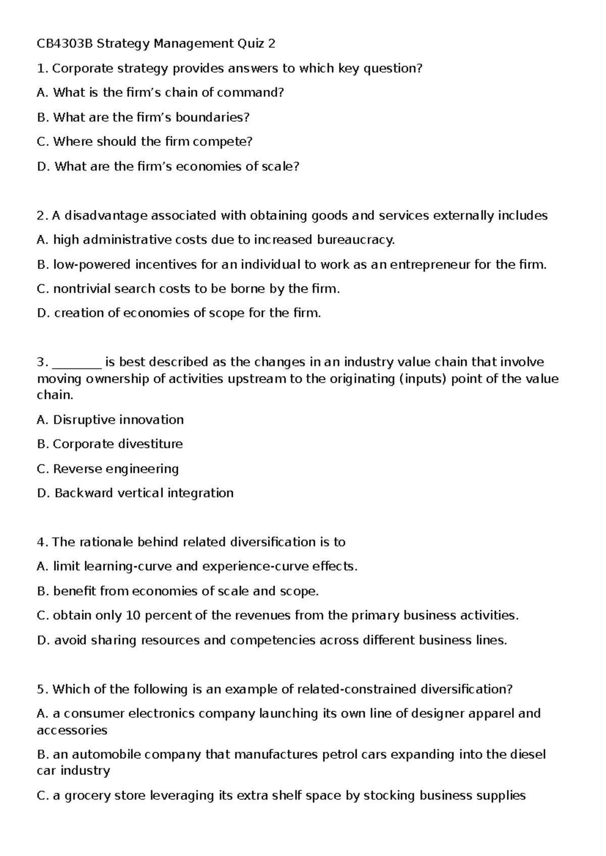 CB4303B Strategy Management Quiz 2: Key Concepts & Practice Questions ...