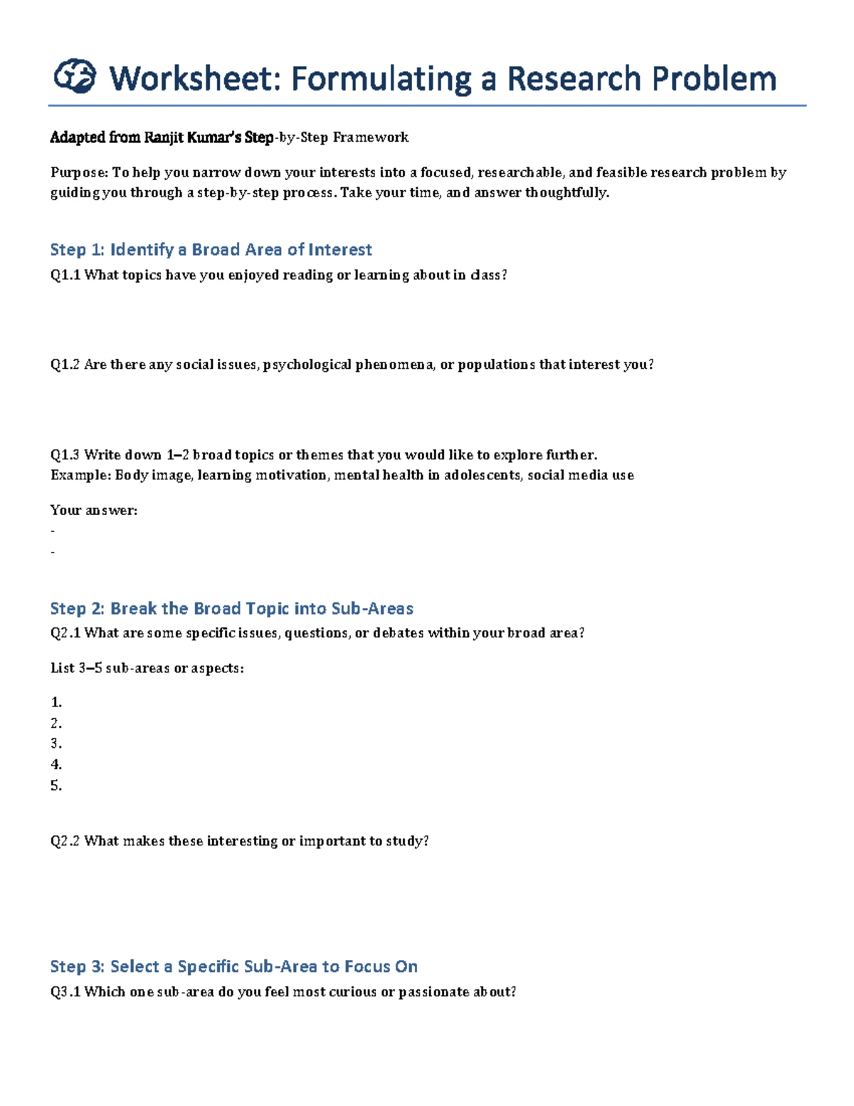 Worksheet: Formulating a Research Problem (Adapted from Ranjit) - Studocu
