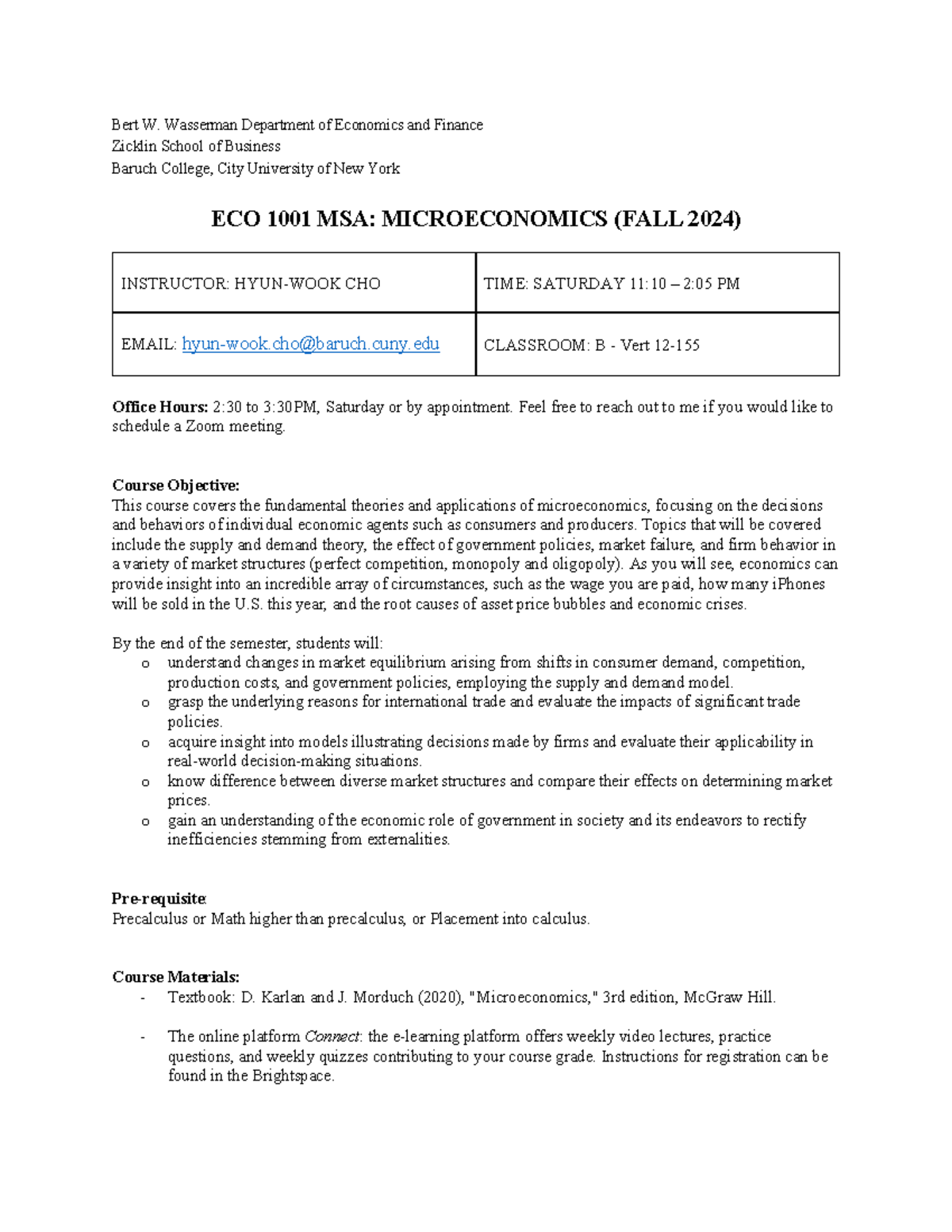 ECO1001 MSA Microeconomics Syllabus Fall 2024 - Baruch College - Studocu