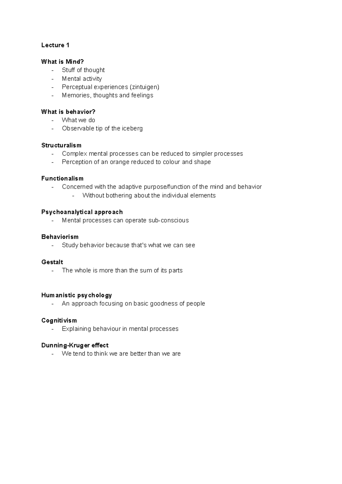 Psy101 Lecture Summary Introduction To Psychological Theories