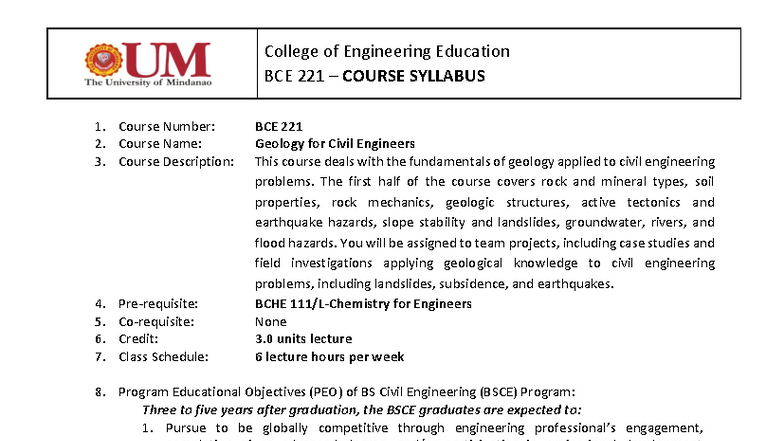 BCE 221 Geology for Civil Engineers Course Syllabus Revision 2 - Studocu