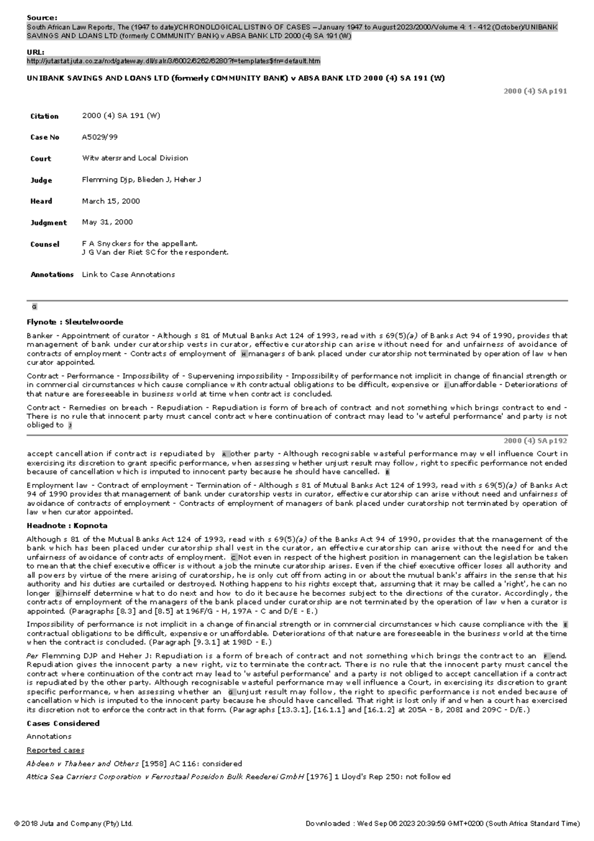 Unibank Savings & Loans Ltd v ABSA Bank Ltd: Case Study 2000 (4) SA 191 ...
