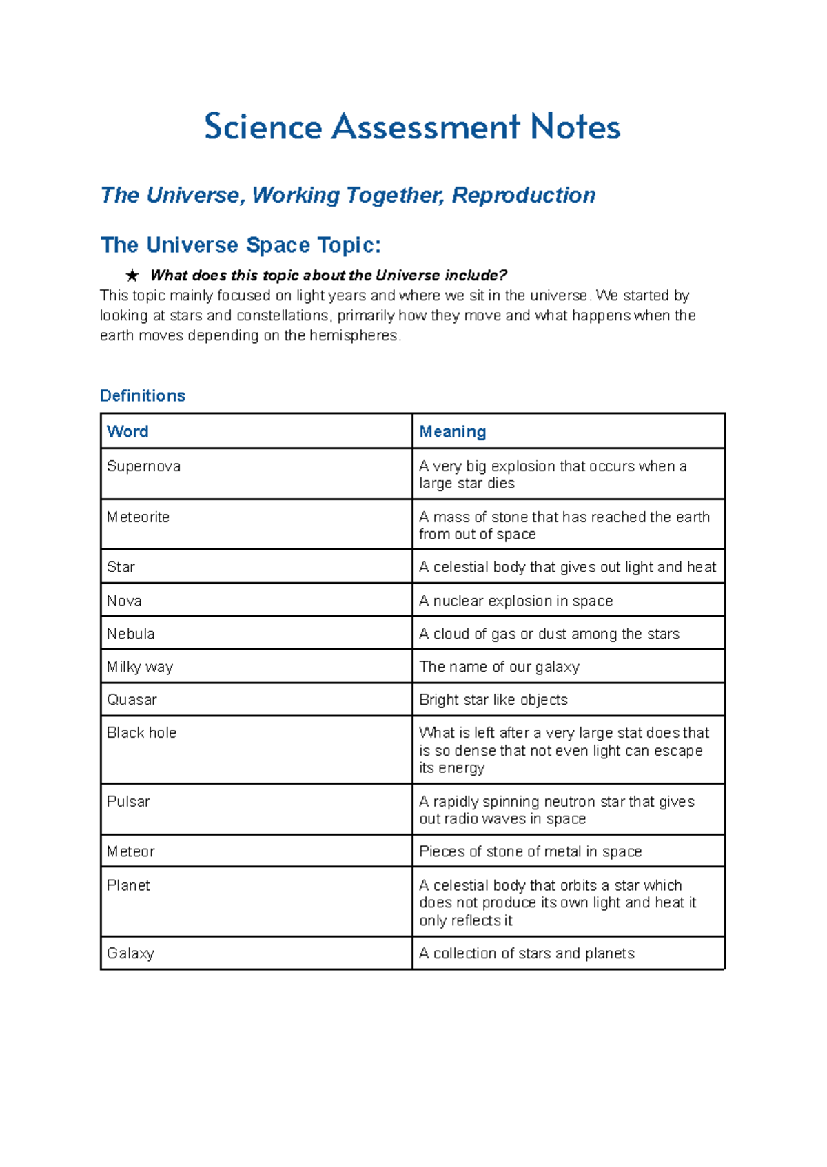 Science Assessment Notes: The Universe & Biological Systems Overview ...