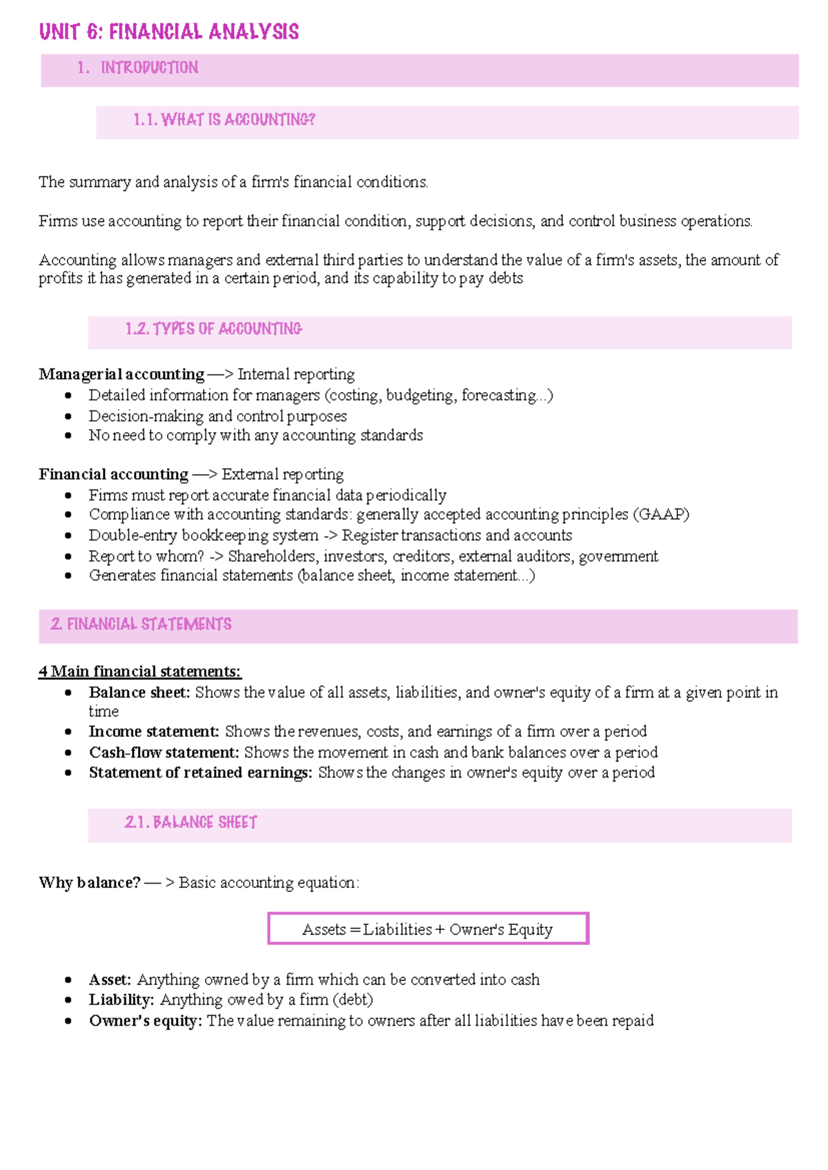 UNIT 6: FINANCIAL ANALYSIS - KEY CONCEPTS AND MEASURES - Studocu