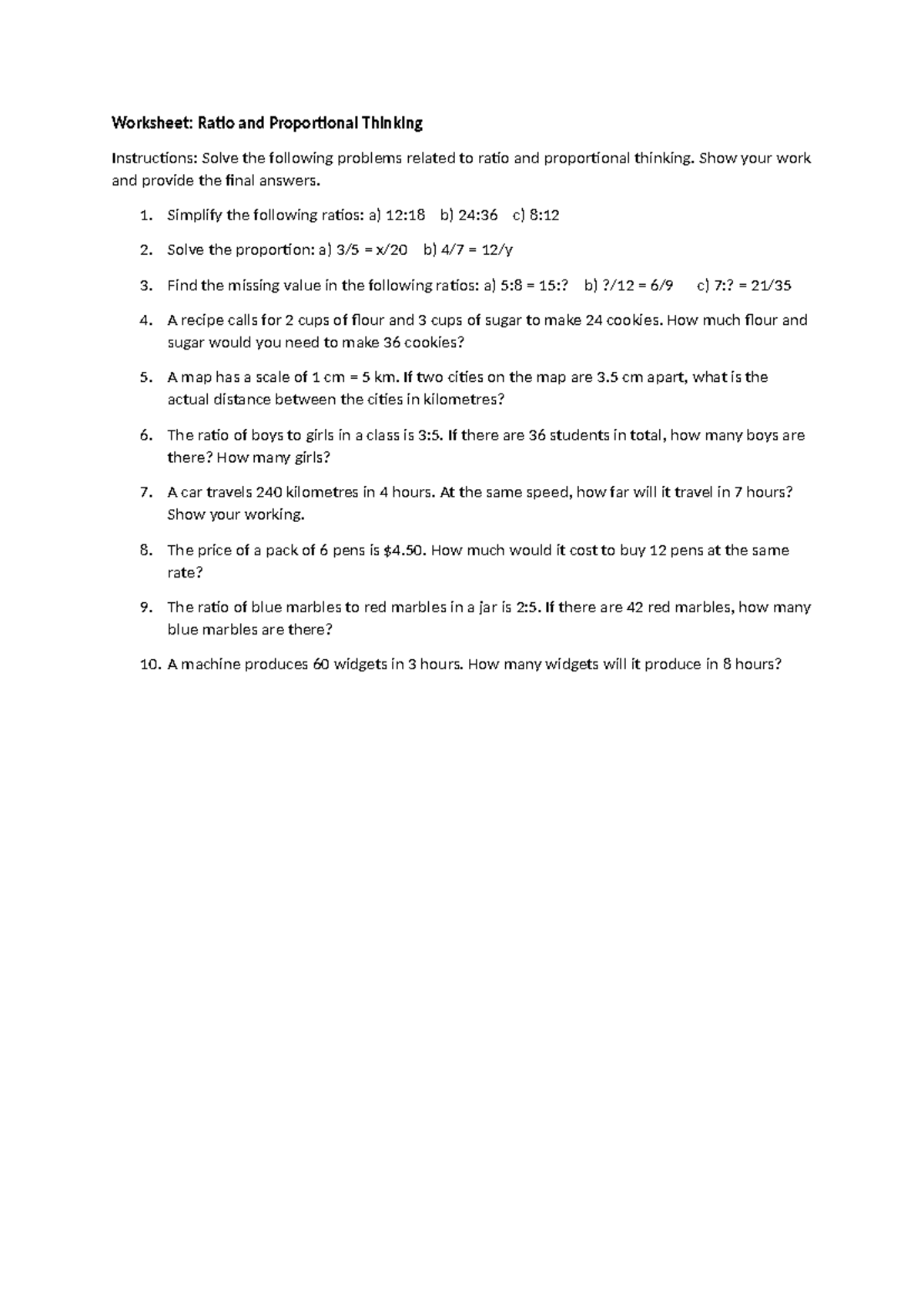 Worksheet: Proportional Reasoning & Ratio Problems - Studocu