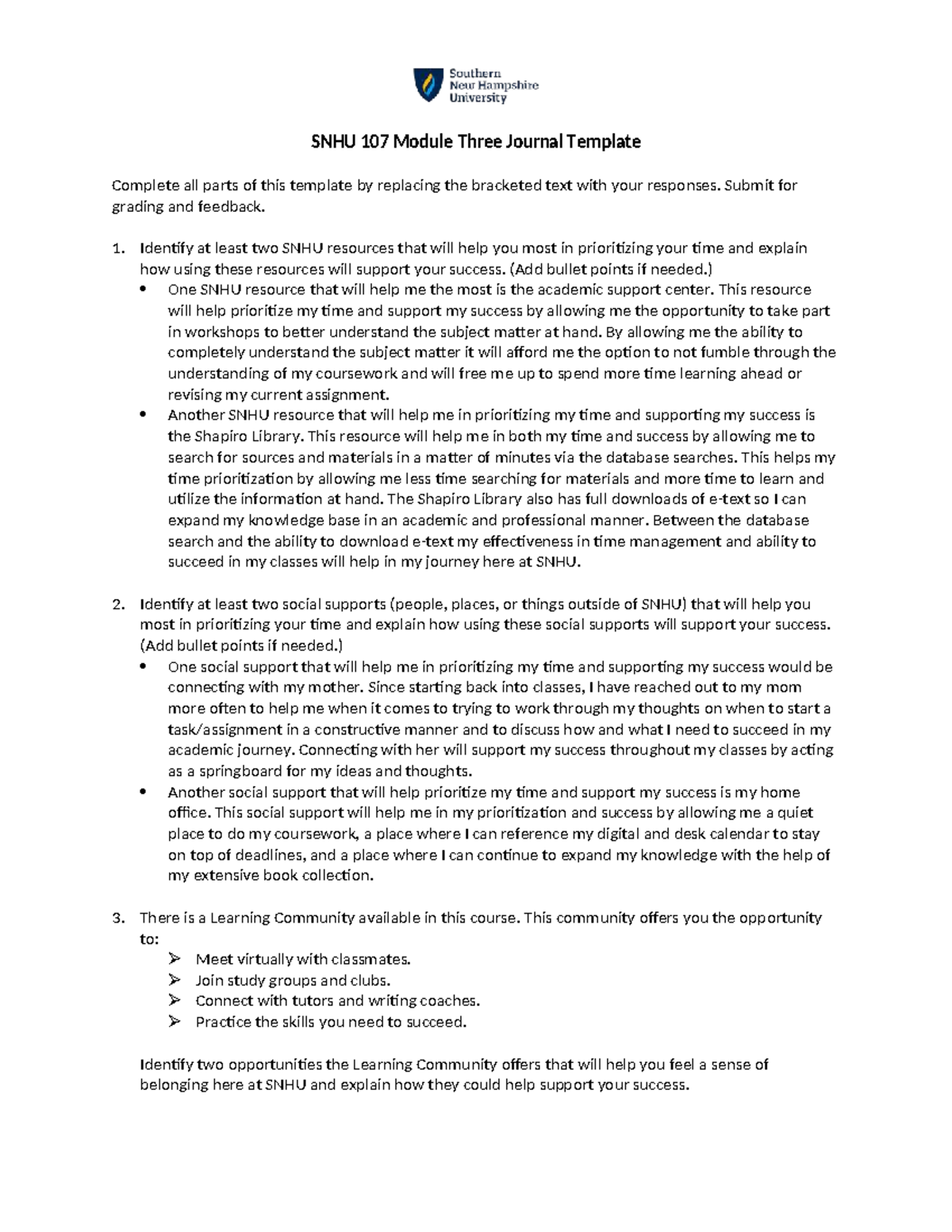 SNHU 107 Module Three Journal: Time Management & Support Resources ...