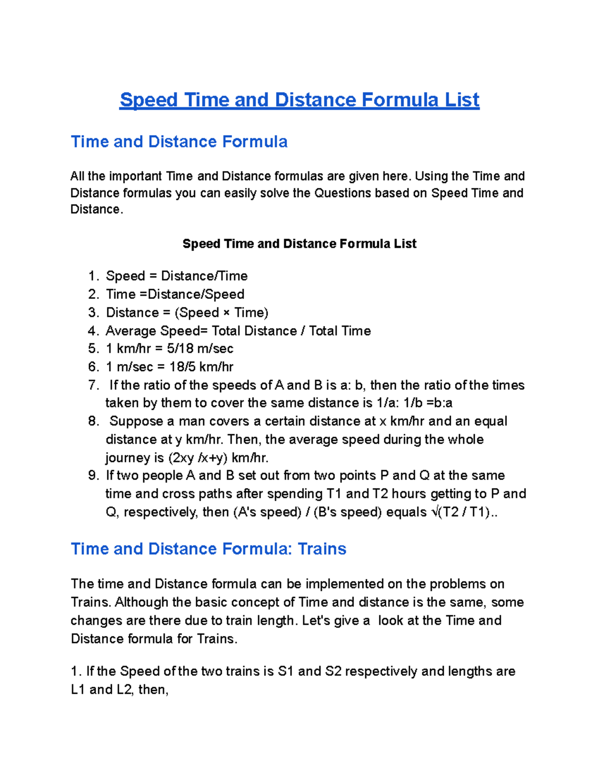 Time and Distance Formula List for Speed Calculations - Studocu