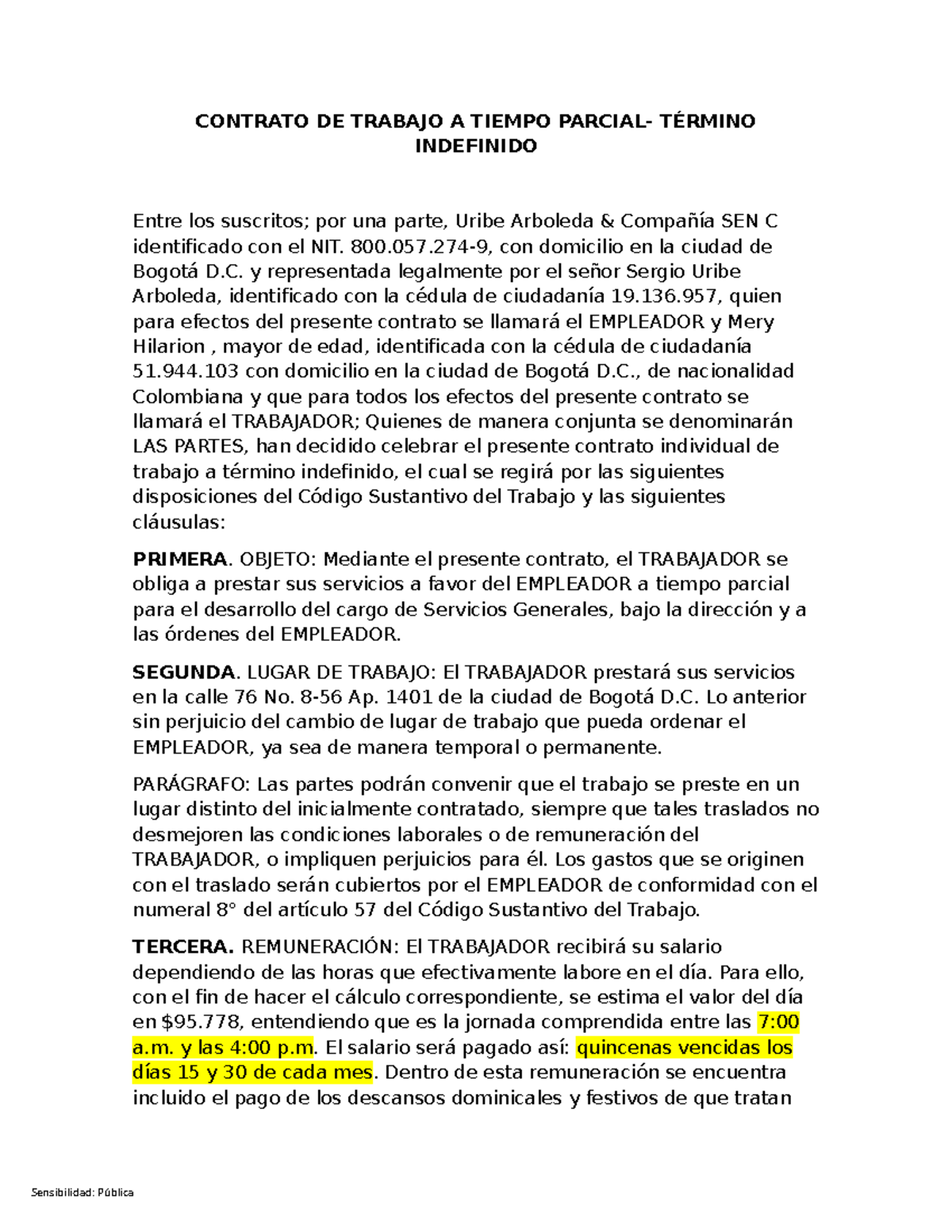 Contrato de Trabajo a Tiempo Parcial Indefinido - Bogotá - Studocu