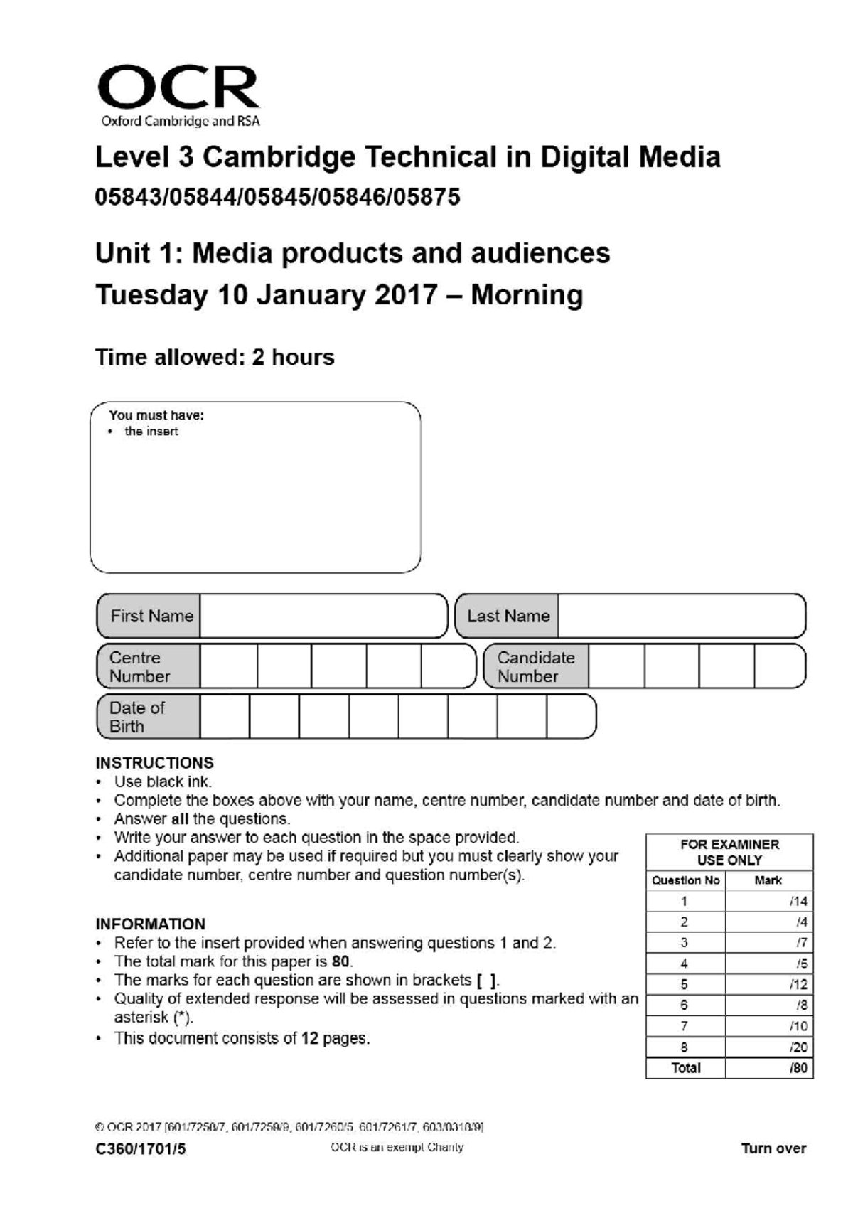 OCR Level 3 Cambridge Technical in Digital Media Unit 1 Exam Paper ...