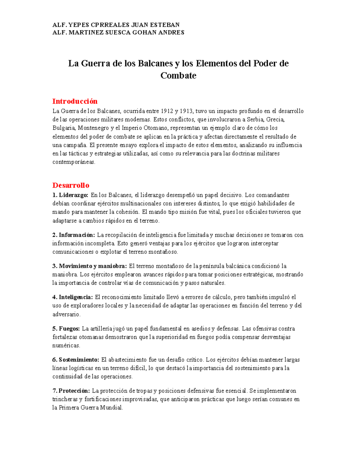 Actividad 2: Ensayo sobre la Guerra de los Balcanes y Poder de Combate ...