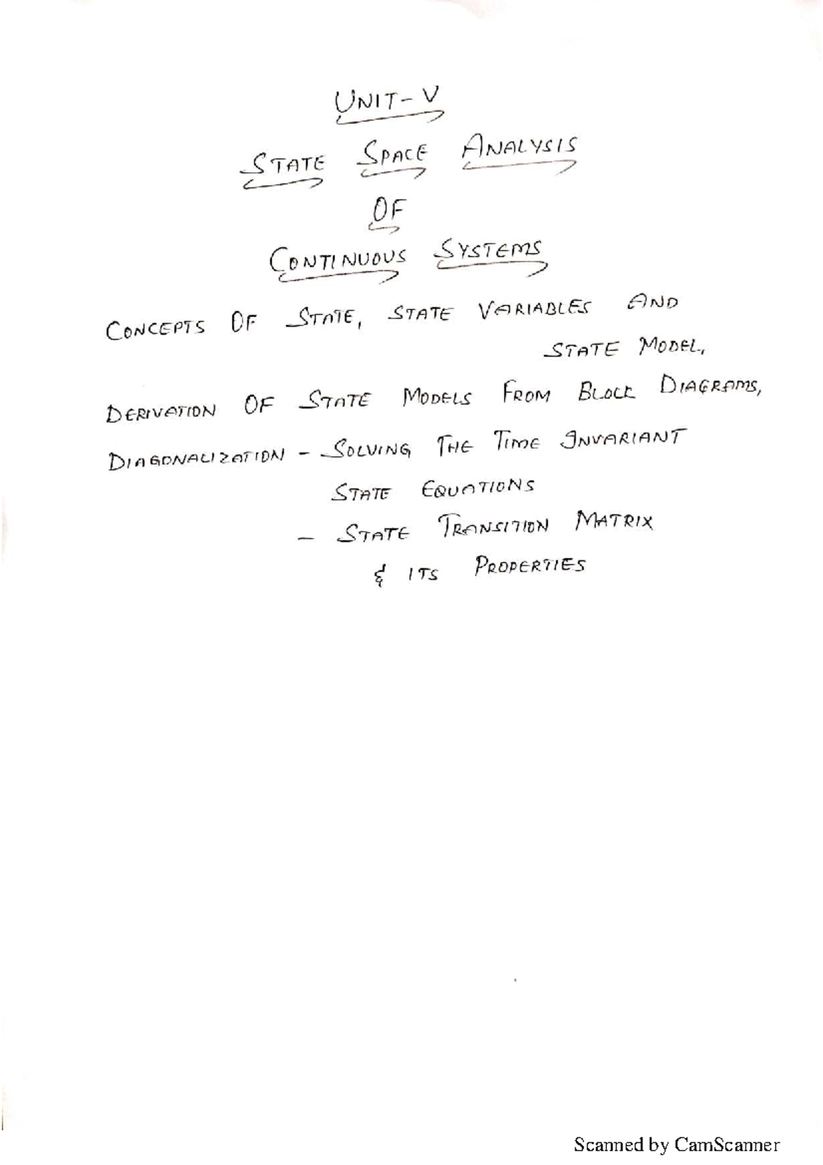 CS UNIT-5: State Space Analysis of Continuous Systems and Models - Studocu