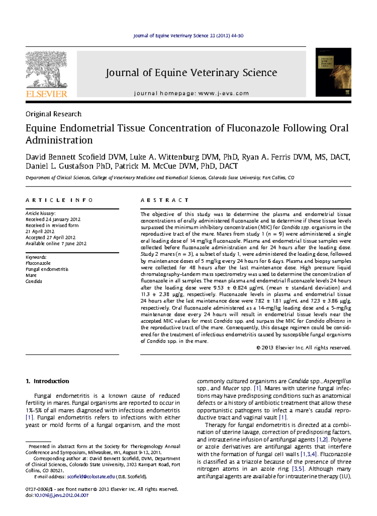 Equine Veterinary Science Study: Fluconazole in Endometrial Tissue ...