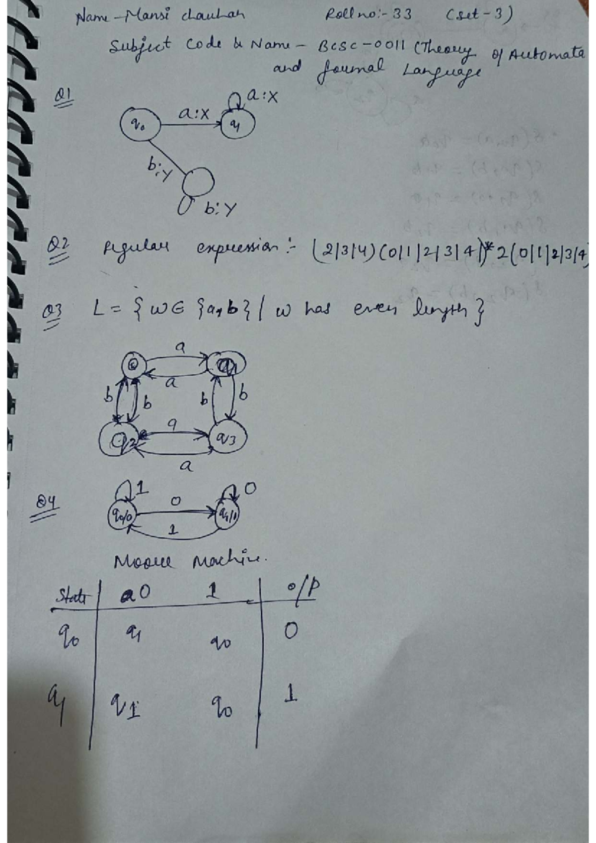 Automata assignment solution - Bachelor of Technology - ﬂi Name b Code ...