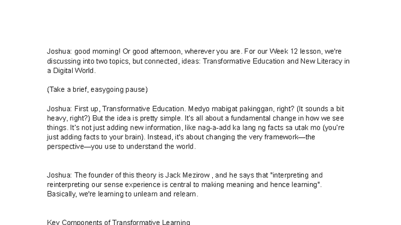 EDUC 101: Week 12 Lesson on Transformative Education & Digital Literacy ...
