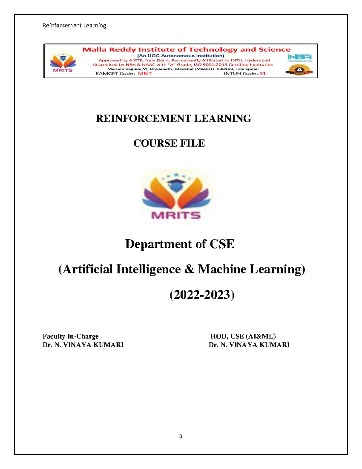 Reinforcement Learning Course File - CSE AIML Detailed Notes - Studocu
