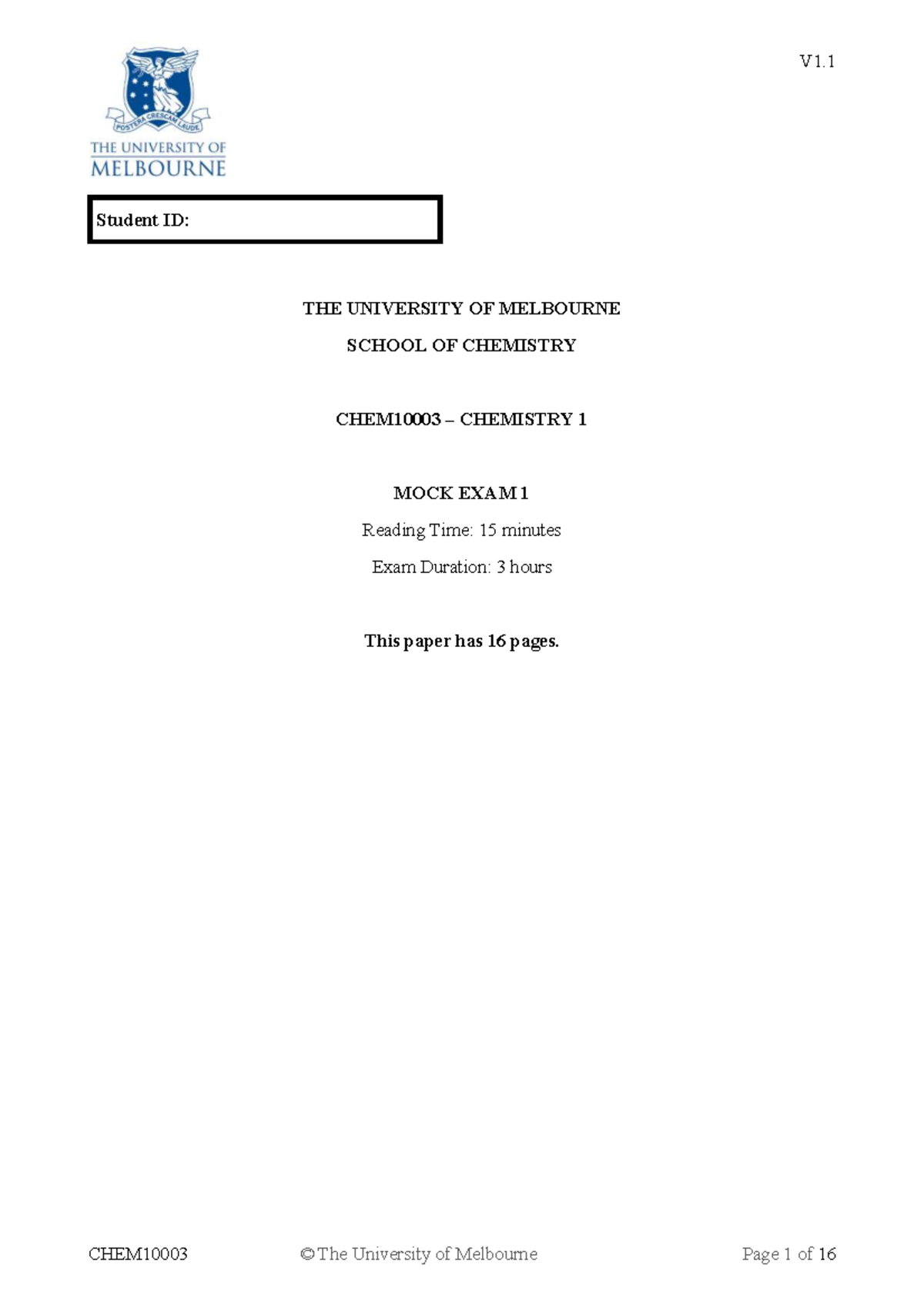 CHEM10003 Mock Exam 1 - Comprehensive Review and Practice - Studocu