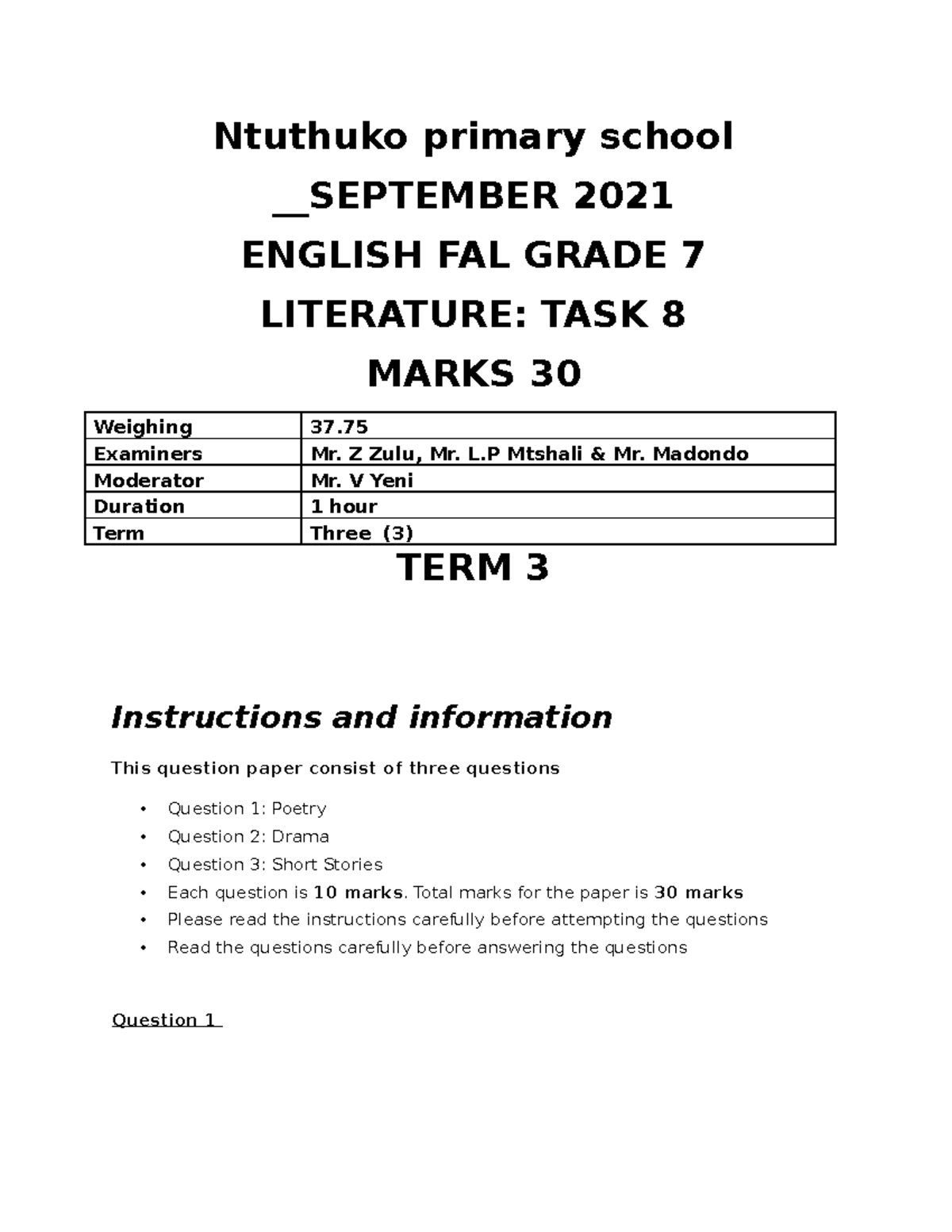 Grade 7 Literature Test - Term 3 Assessment (Sept 2021) - Studocu