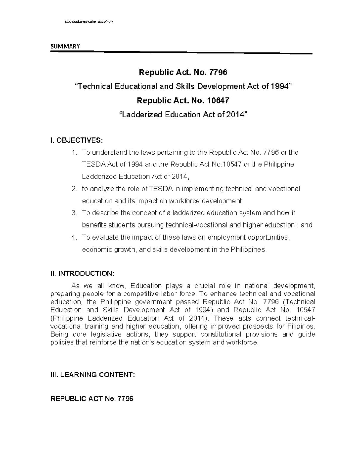 Republic Act No. 7796 & No. 10647: Summary of Key Educational Laws ...