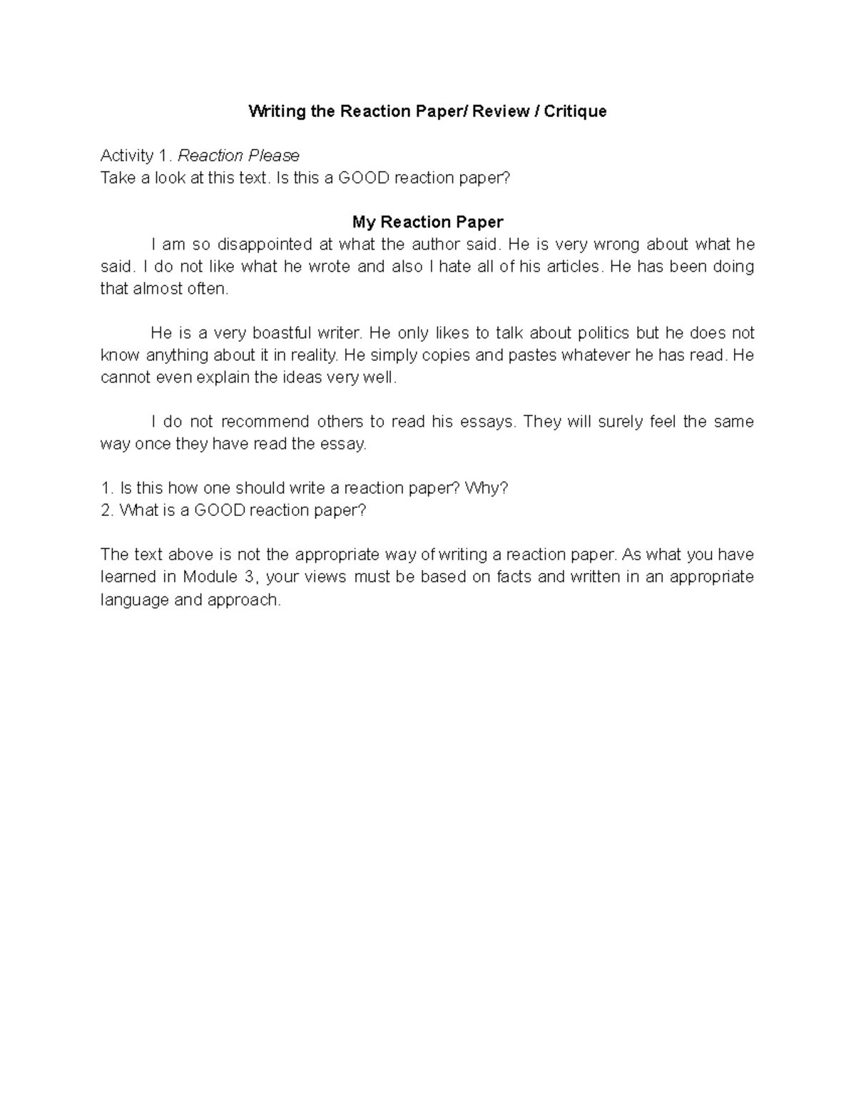 Reaction Paper Guide: Writing, Critique, and Structure - Studocu